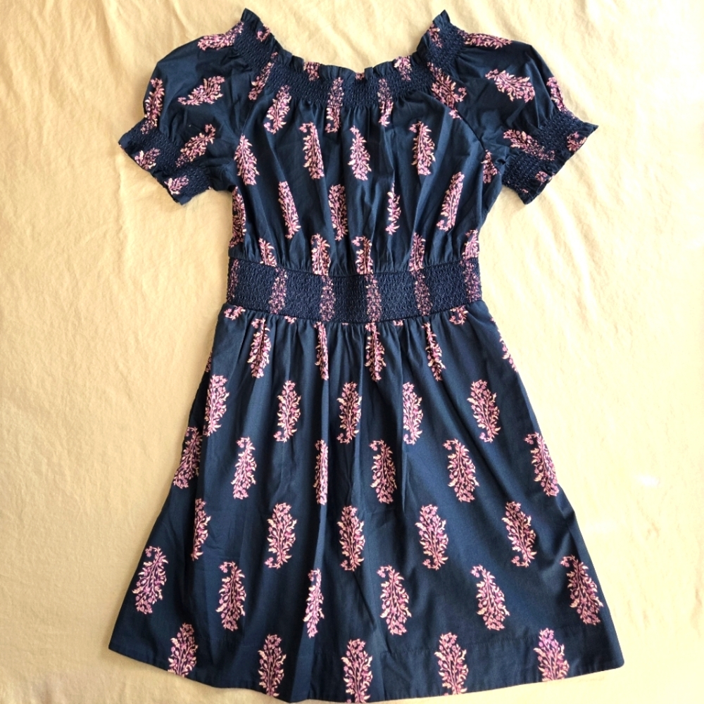 J. Crew Smocked Navy & Pink Puff Sleeve Cotton Dress Floral Branch Print XS